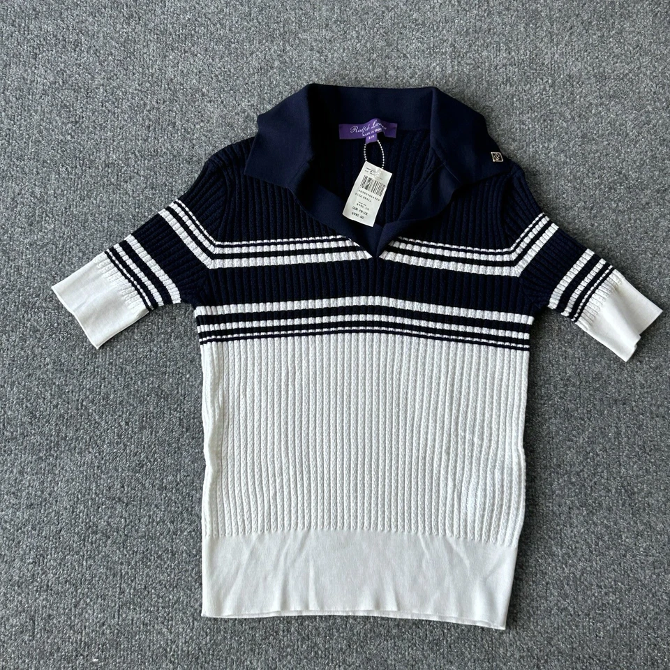 Ralph Lauren 毛衣女式小号紫色标签颜色阻挡美利奴丝绸 Polo 衫 — 第 2/4 张图片