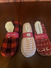 SLIPPER SOCKS WOMENS christmas M/L Holiday Festive Socks 3 Pairs Red Pink Black