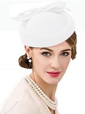 White Wool Felt Beret  Fascinator Hats Women Wedding Party Bow Derby Pillbox Hat