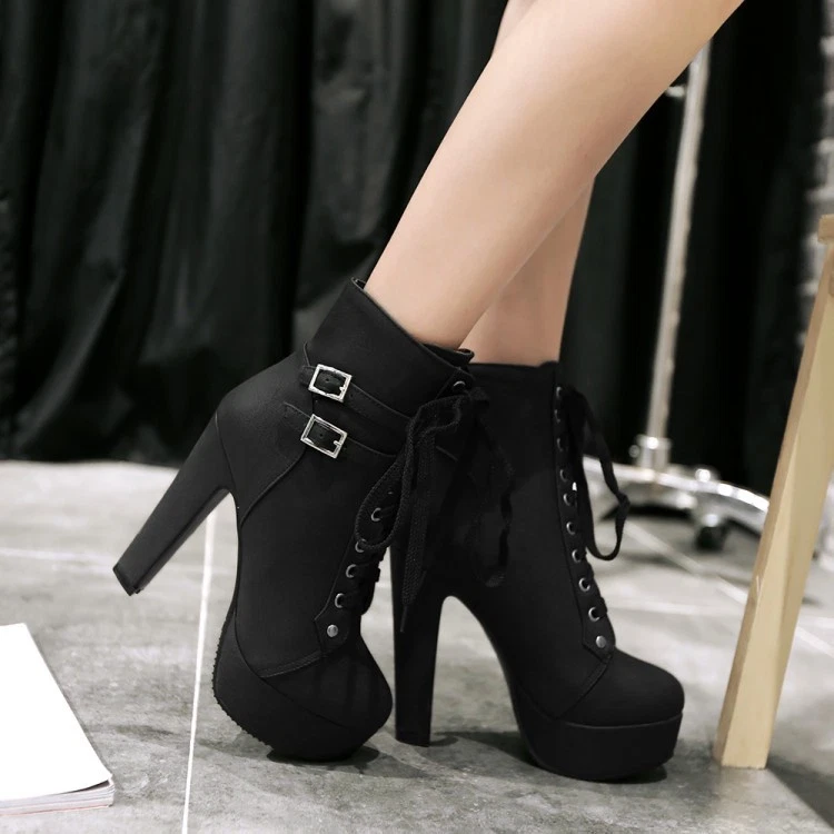 New Womens Round Toe Platform Buckle High Heels Pumps Lace Up Ankle Boots  Shoes