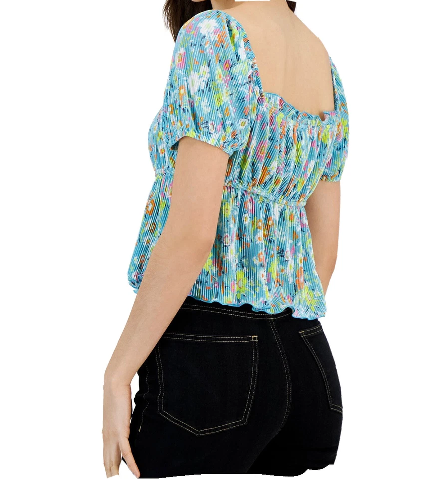 Women’s love fire Puff-Sleeve Square- Neck  XL Floral multicolor Blouse Y2k - Image 3 of 4