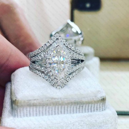 Passender Braut Ehering Set 2,4 kt Marquise Moissanit 14 K Weißgold vergoldet - Bild 8 von 9