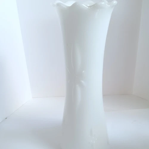 Vintage E.O. Brody Milk Glass Vase – Floral Embossed – Fluted Rim – USA – 9"