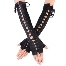  Womens Fingerless Gloves Elbow Lace Up steampunk Costume Arm Warmer Satin Black