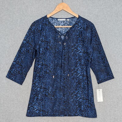 Notations Lace-Up Front Top Womens Small 3/4 Sleeve Leopard Print Blue New