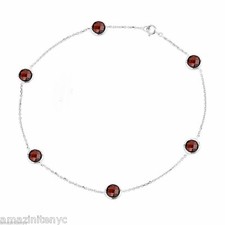 14K White Gold Anklet Bracelet With Round Garnet Gemstones 11 Inches