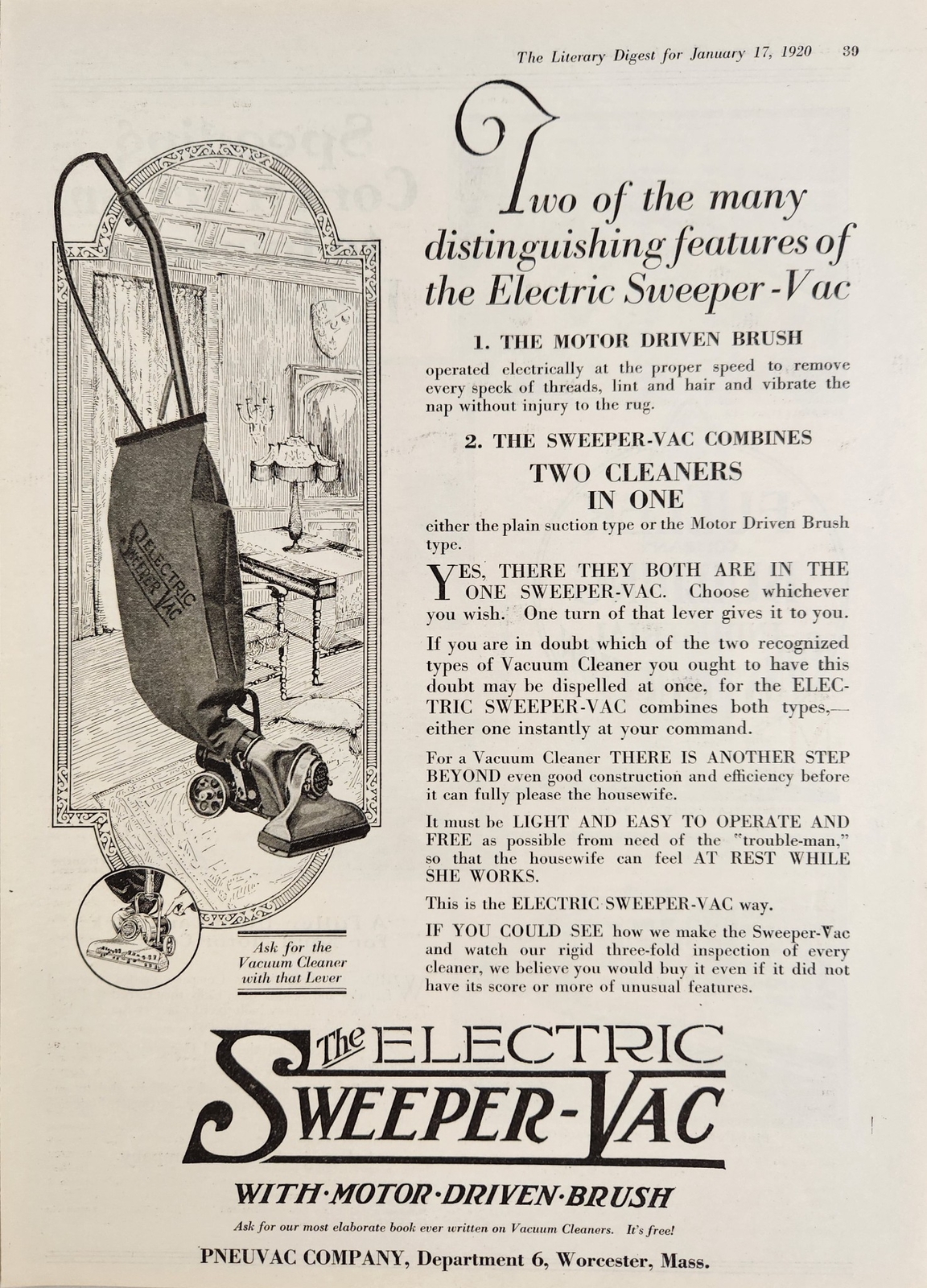1920 Print Ad Electric SweeperVac Vacuum Cleaner Pneuvac Co. Worcester