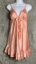 Victoria's Secret Angels Babydoll Slip Dress Sz L Peach Nightie Satin Bow Ruffle