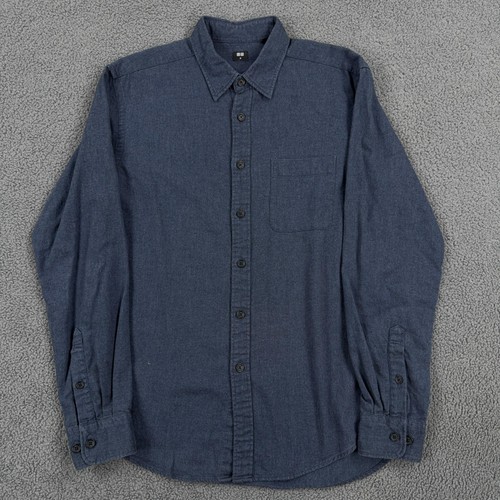 Uniqlo Shirt Mens Medium Navy Blue Cotton Twill Long Sleeve Button Up Pocket