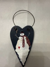 Primatives Country Wooden Snowman Heart Winter Hand Painted Ornament
