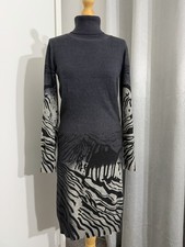 Vintage Zebra Print Knit Dress UK 10R Grey Black Roll Neck Cotton Wool