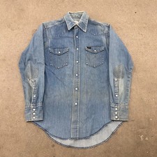 vtg 70s Wrangler Western Dress Shirt Men 15-33 Blue Denim Pearl Snap Elbow Patch