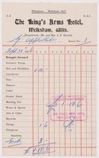 1957 Hotel Receipts King’s Arms Melksham Wiltshire Travel Ephemera Lot x2