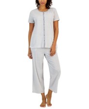 NWT Charter Club Women's 2-Pc. Cotton Printed Cropped Pajamas Set M