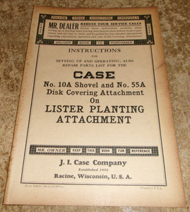 1930 case 10A shovel/55A disk covering attach.2page parts/instructions good used