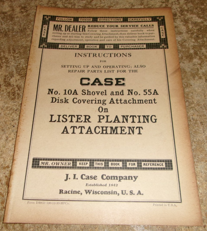 1930 case 10A shovel/55A disk covering attach.2page parts/instructions good used
