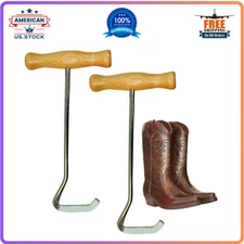 Boot Hooks Puller 2-Pack – Wooden Handle Metal Hooks for Cowboy/Riding Boots