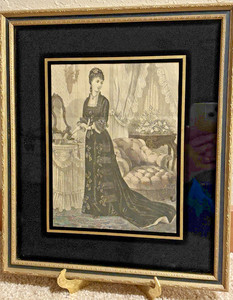 Vintage Godey Girl Picture in Matted Goldtone Frame-Signed Paul MouTeT