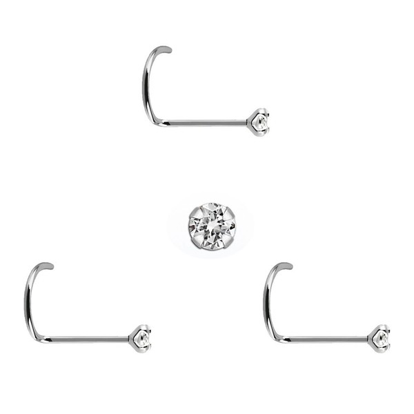 3 Pendientes Nariz de plata de ley con piedra de 2mm, palo curvado, grosor 0,6mm