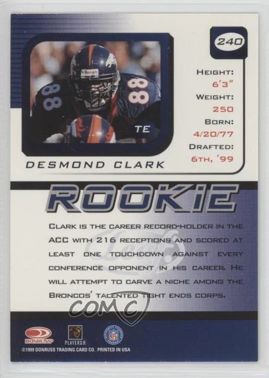 1999 Leaf Rookies & Stars Rookie Desmond Clark #240 RC - Image 2 of 2