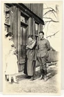 1910s Soldier With Family Outside Wooden Home WWI Era Candid Snapshot Photo