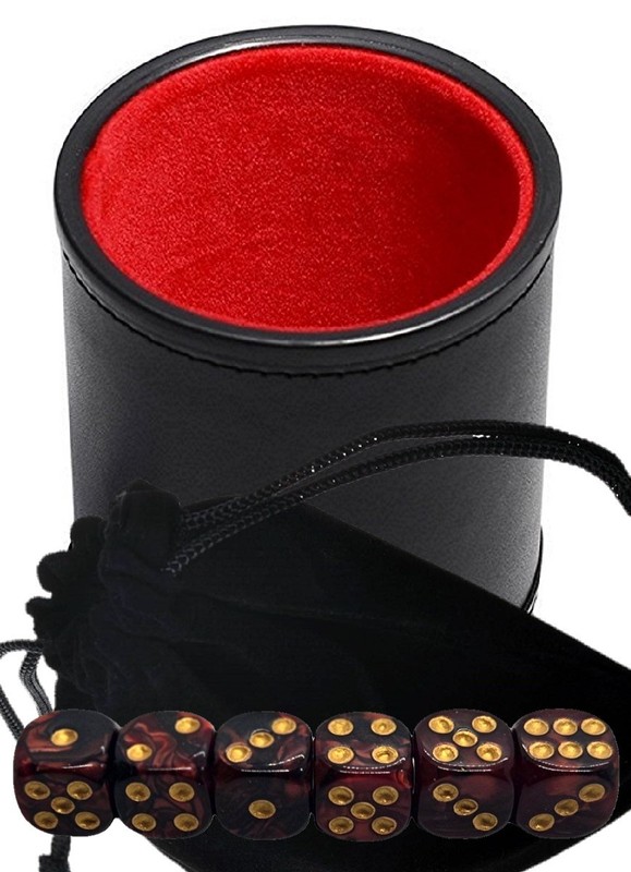 (6) 16mm Red Black Pearlized Dice w/Pouch + PU Leather Dice Cup Red Lining