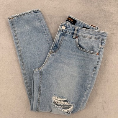 Evisu Boyfriend Jeans Light Indigo Distressed Ripped Denim Womens Size 27