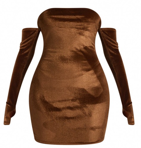 PRETTY LITTLE THING Chocolate Velvet Bandeau Thumbhole Detail Bodycon Dress US 8