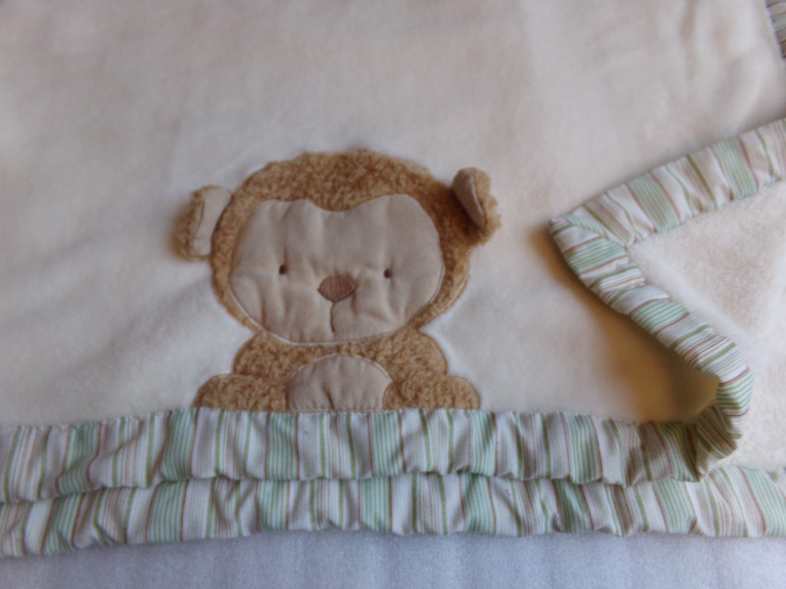 KIDSLINE Monkey Baby Blanket Boys Soft Brown Green Velour Striped Trim Minky