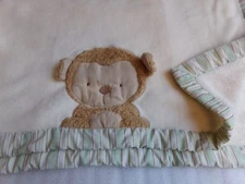 KIDSLINE Monkey Baby Blanket Boys Soft Brown Green Velour Striped Trim Minky