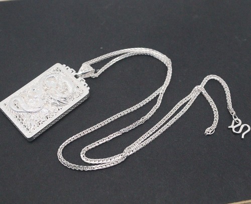 999 Fine Silver Pendant Women Men Lucky Dragon Rectangle Pendant 1.6inchH - Picture 6 of 6