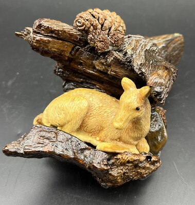 VTG Deer in Petrified Wood Sculpture Figurine River Rock Pinecones Forest Scene