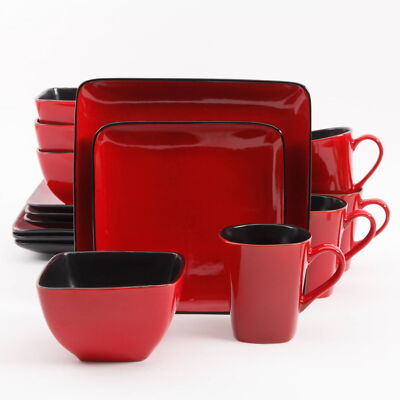 Square Dinnerware Dinner Service Set Kitchen Plates Bowls Mugs, Red, Set of 16