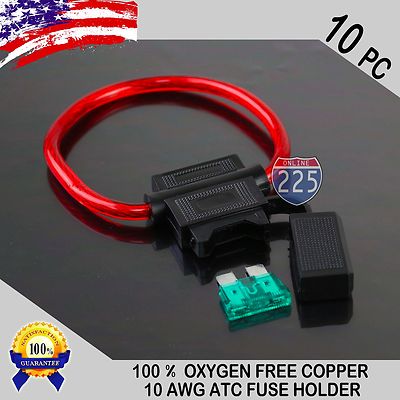 10 Pack 10 Gauge ATC In-Line Blade Fuse Holder 100% OFC Copper Wire + 1A - 40A