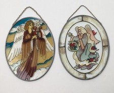 Stained Glass Suncatcher Lot of 2 Oval Hand Painted Angels Religious 7  X 5.25  