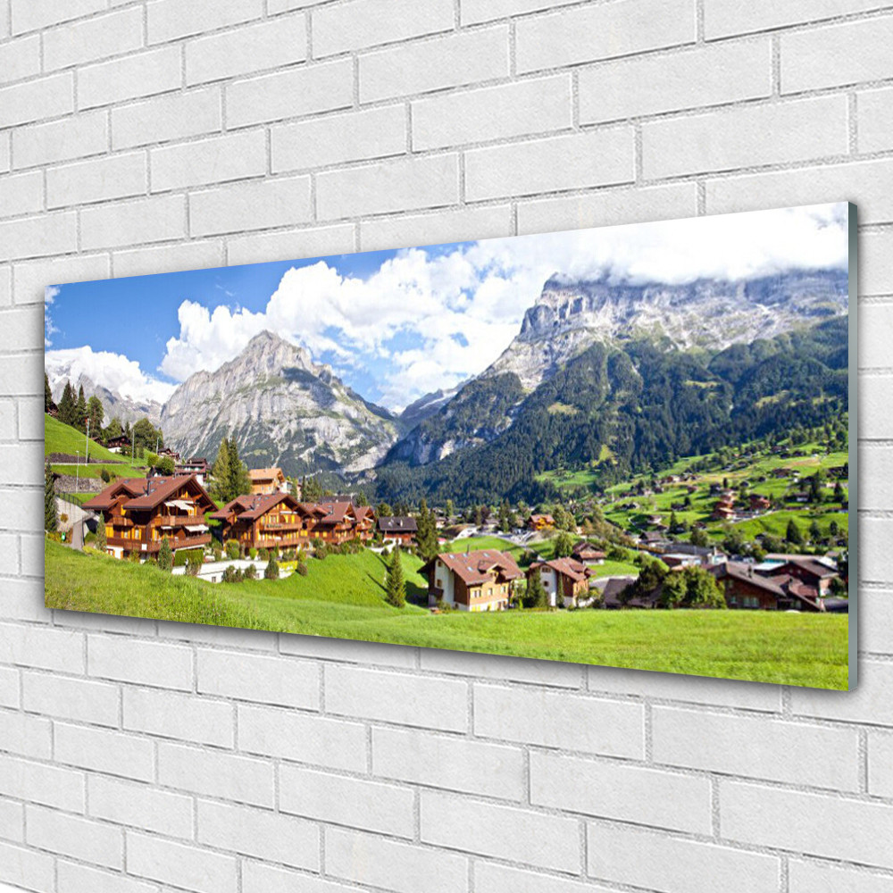 Image paysage de montagne sur verre pour salon moderne tableau chalet 125x50