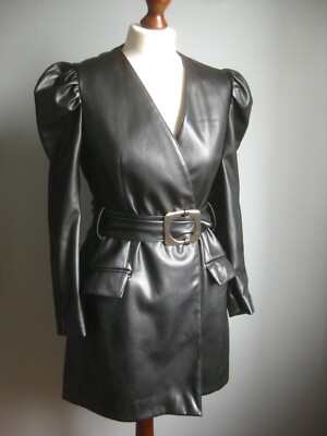 ZARA Kunstleder Mantel Small 8 10 Trench Retro Puffärmel Gürtel MAC 60er JACKE