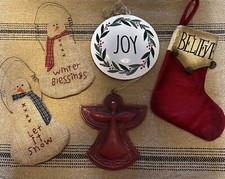 Farmhouse Primitive Rustic Christmas Tree Ornaments Lot, Angel Snowman