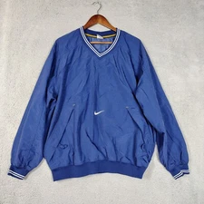 Nike Jacket Mens Large Blue White Swoosh V-Neck Pullover Windbreaker Vintage Y2K