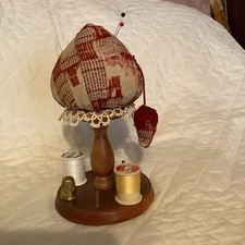 Strawberry Pincushion Emery On Wood Sewing Stand Base 8” Prim