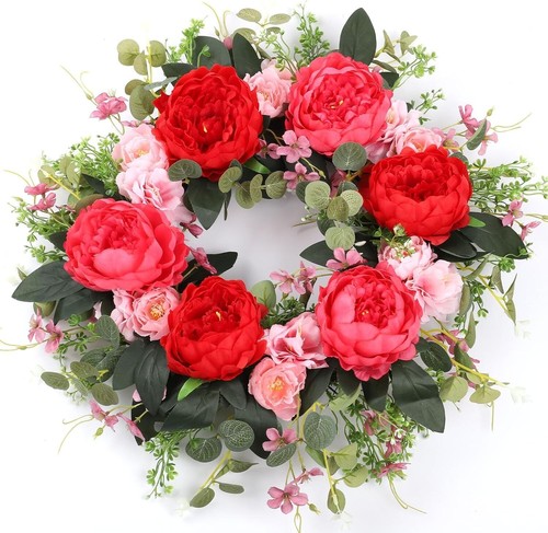 21" Spring Wreath for Front Door,Red Pink Peony Wreaths Summer Wreath for Front