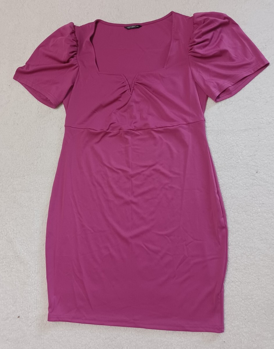 shein pink dress puff sleeve Shein Curve Solid Pink Dress Sz 2XL Puff Sleeve Square Neckline Knee Length