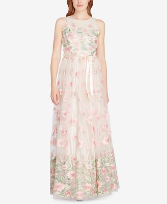 tahari embroidered floral ribbon dress