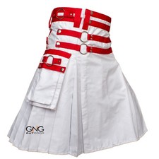 Men's Scottish White and Red Strap Utility kilt Modern Fashion Highland kilt