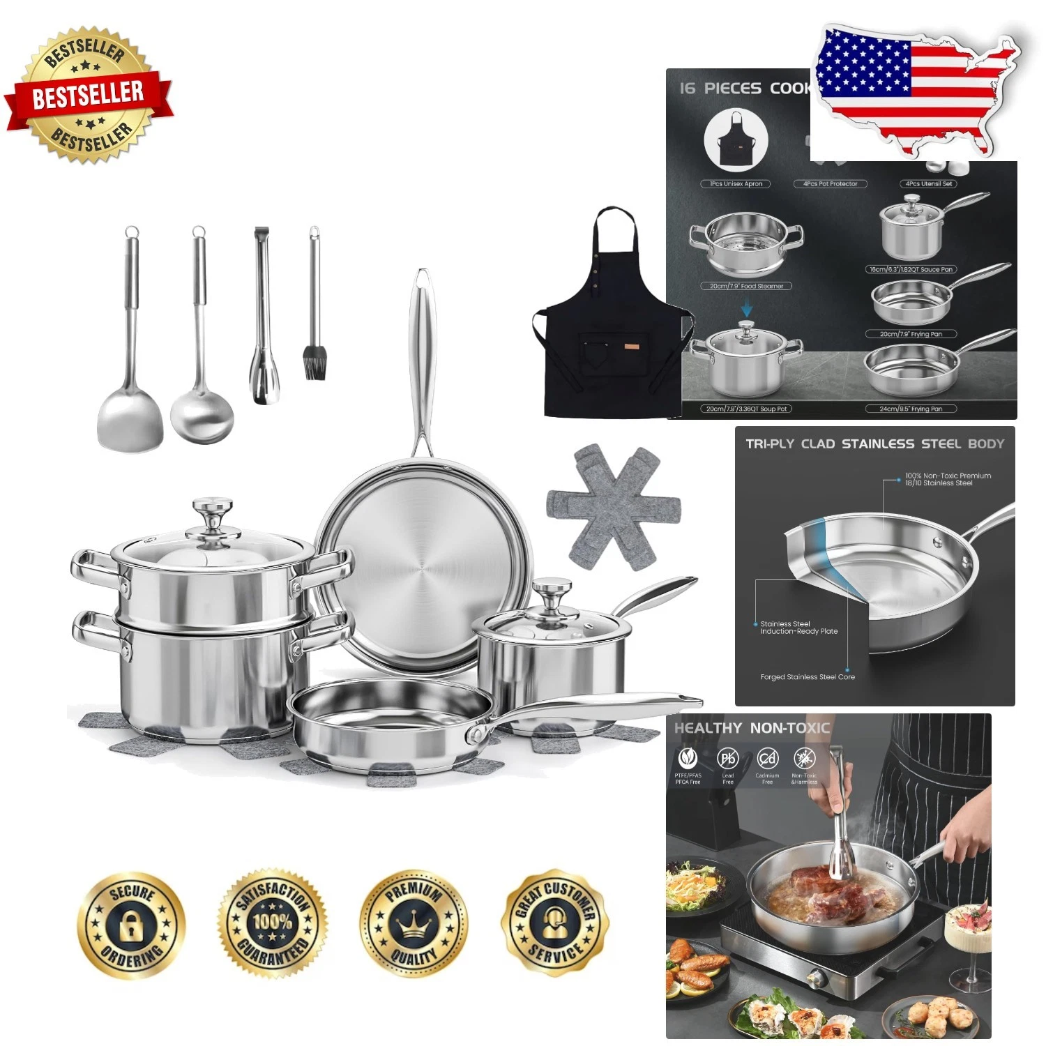 Meythway 16-Piece Stainless Steel Pots & Pans Set, Non-Toxic, Induction Ready