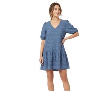 mbyM Fenello Plaid Textured Tiered Mini Dress Sz L Blue Cottagecore Boho Chic