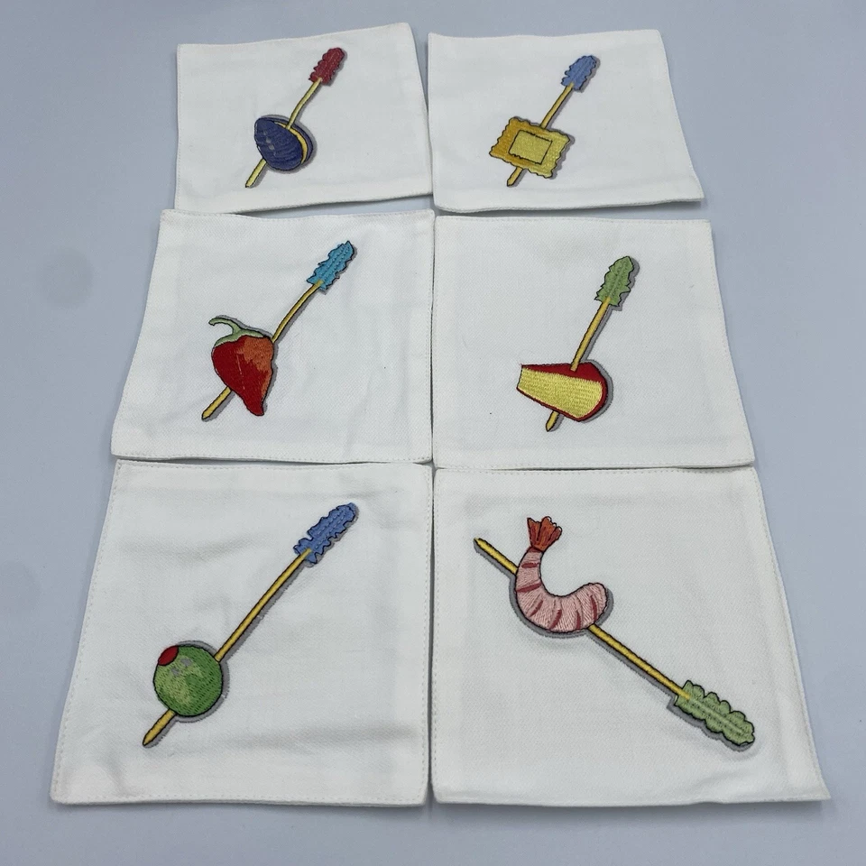 Crate & Barrel Tidbits Appetizer Coasters Cotton Embroidered Set 6 Fruit Cheese - Image 2 of 4