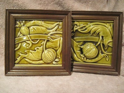 Awesome Pair of Framed  Antique Floral & Fruit Decorative Tiles
