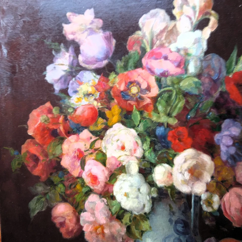 THEODOR BECHER ALEMANIA 1889-1948 OSTENTOSO BODEGON DE FLORES O/L 90X70 CMS - Imagen 2 de 4