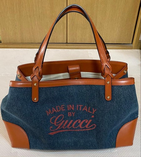 GUCCI Solid Tote Hand Bag Magnetic Leather Denim Brown Blue Gold Hardware Japan